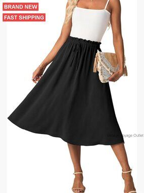 High Waist Midi Skirt with Pockets, Polyester A-Line, Below Knee Length